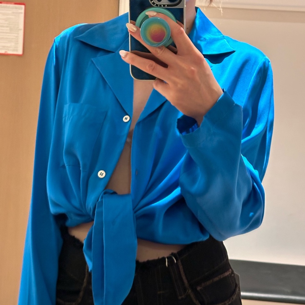 Mansur Gavriel 100% Silk Blue Blouse Button-Down Top with Pocket - Size 40